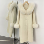 OFTBUY Pompoms Buttons Warm Winter Elegant Outerwear Female New Women's Double Face Wool Coat with Large Real Fox Fur Collar