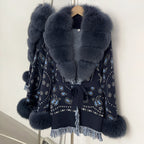 OFTBUY Women's Paisley Knit Cardigan with Real Fox Fur Trim Belted Sweater Coat Female New Luxury Clothes Winter Outerwear Lady
