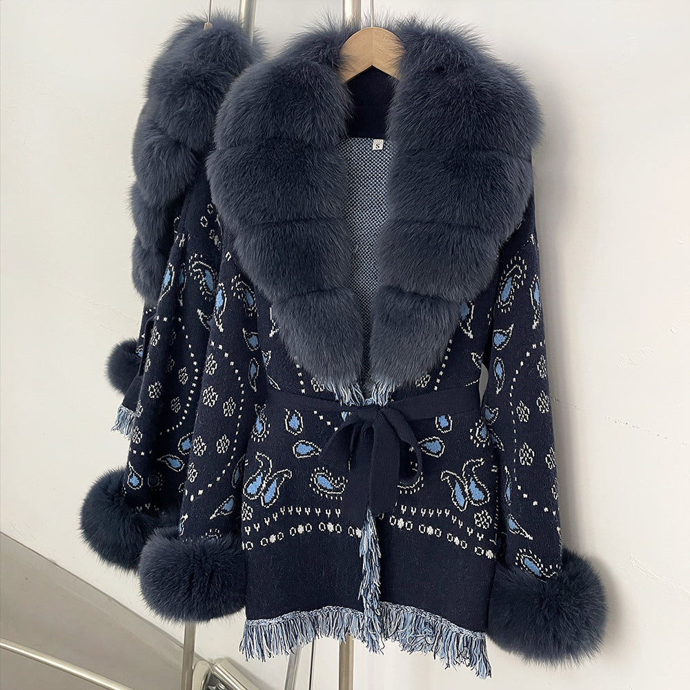 OFTBUY Women's Paisley Knit Cardigan with Real Fox Fur Trim Belted Sweater Coat Female New Luxury Clothes Winter Outerwear Lady