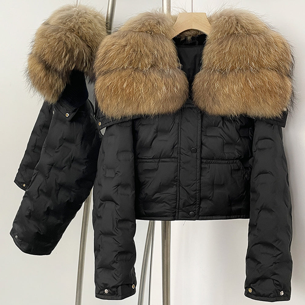 OFTBUY Thickened Warm Fluffy Real Fox Fur Puffer Jacket Women Short Long Sleeve White Duck Down Coat Female New Winter Clothing