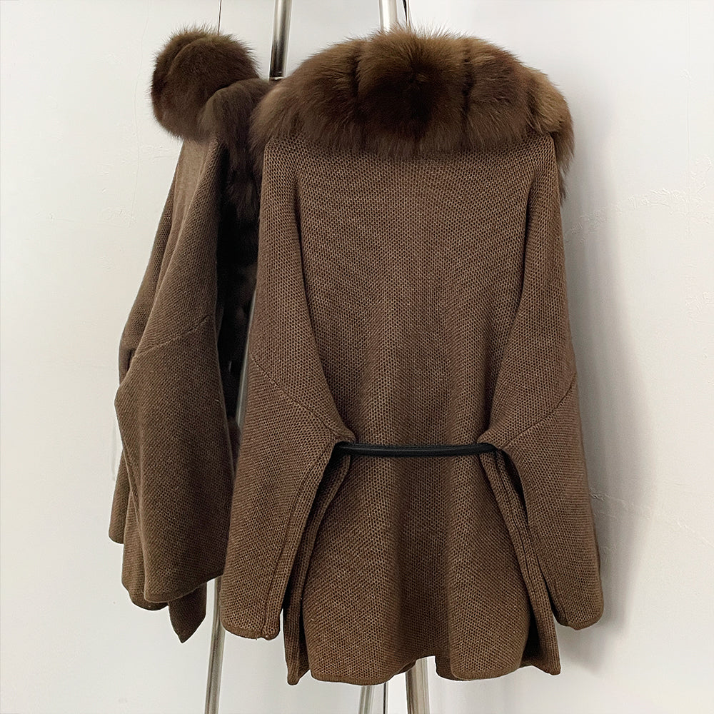 OFTBUY Metal Belt Knit Warm Winter Luxury Fashion Outerwear Sweater Cardigan New Women's Knit Coat with Full Real Fox Fur Front