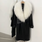 OFTBUY New Women's Long Faux Leather Trench Coat with Real Mongolian Sheep Fur Collar Belted Waist Luxury Jacket Warm Outerwear