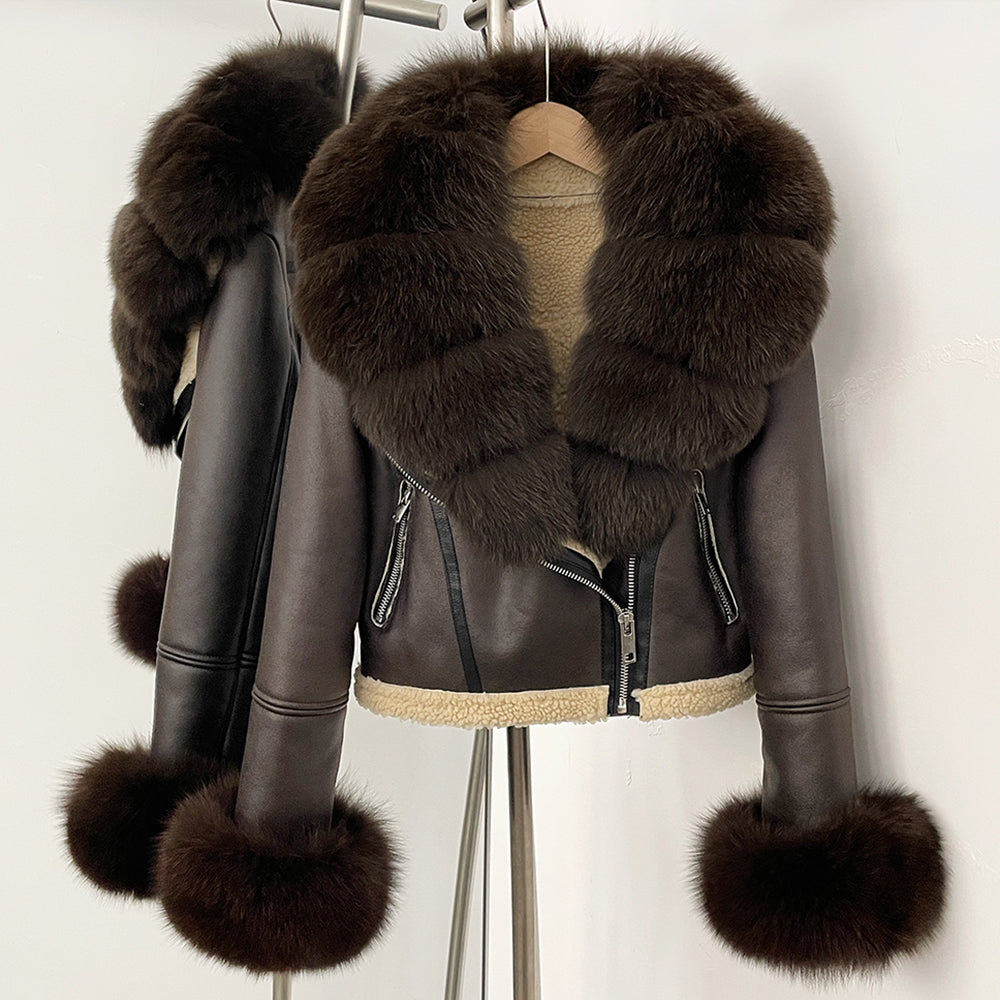OFTBUY New Winter Real Fox Fur Collar and Cuffs Clothes Women Short Faux Leather Fake Fur Inner Jacket Female Thick Warm Coat