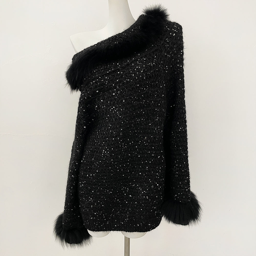 OFTBUY New Spring Autumn Light Top Clothes Female One-length Shoulder Pullovers Knitting Coat Women Real Fox Fur Knitted Sweater