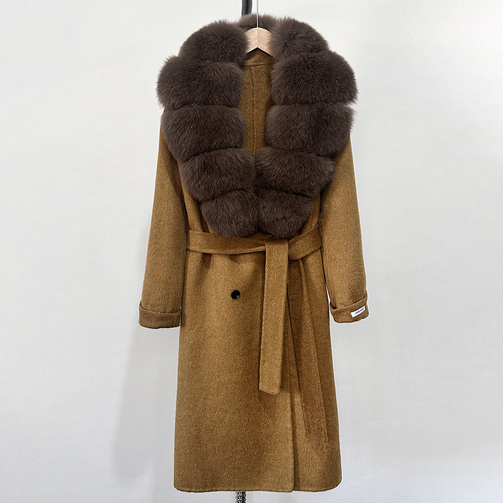 OFTBUY Winter Jacket Women Woolen Blends Coat Natural Real Fox Fur Collar Belt Loose Outerwear Casual Outerwear Streetwear