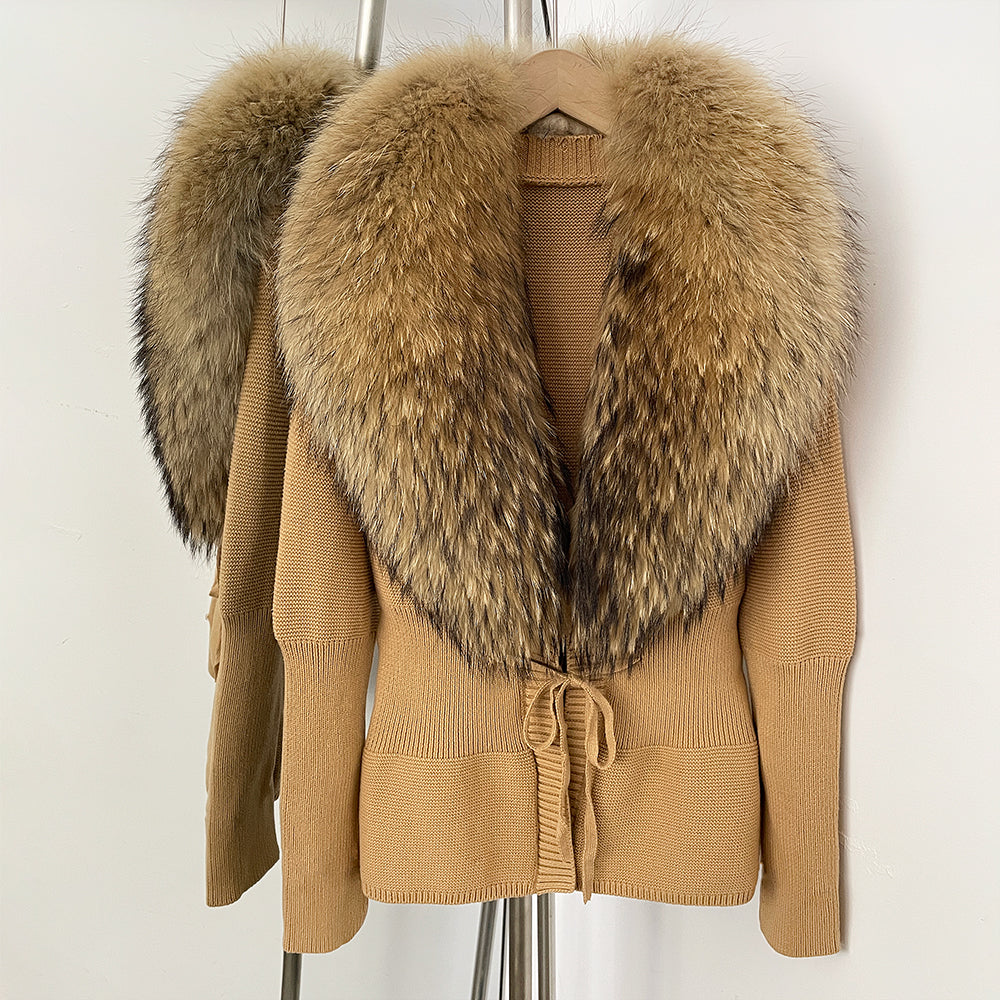 OFTBUY Luxury 100% Cotton Jacket with Real Fox Fur Collar New Autumn Winter Knit Cardigan Women Slim Warm Sweater Outerwear Lady