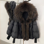 OFTBUY Luxury Cropped Down Puffer with Colossal Real Fur Collar - Premium 90% Duck Down Winter Statement Coat