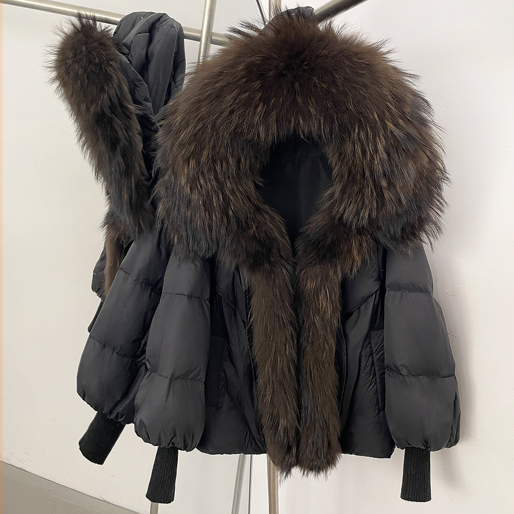 OFTBUY Luxury Cropped Down Puffer with Colossal Real Fur Collar - Premium 90% Duck Down Winter Statement Coat