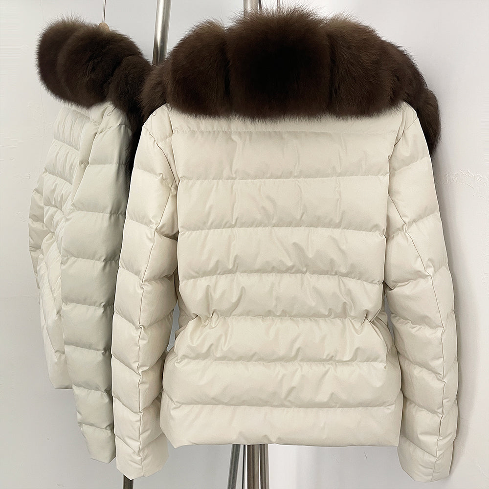 OFTBUY Real Fox Fur Collar Drawstring Waist Duck Down Puffer Coat New Women's Short Down Jacket Winter Luxury Outerwear
