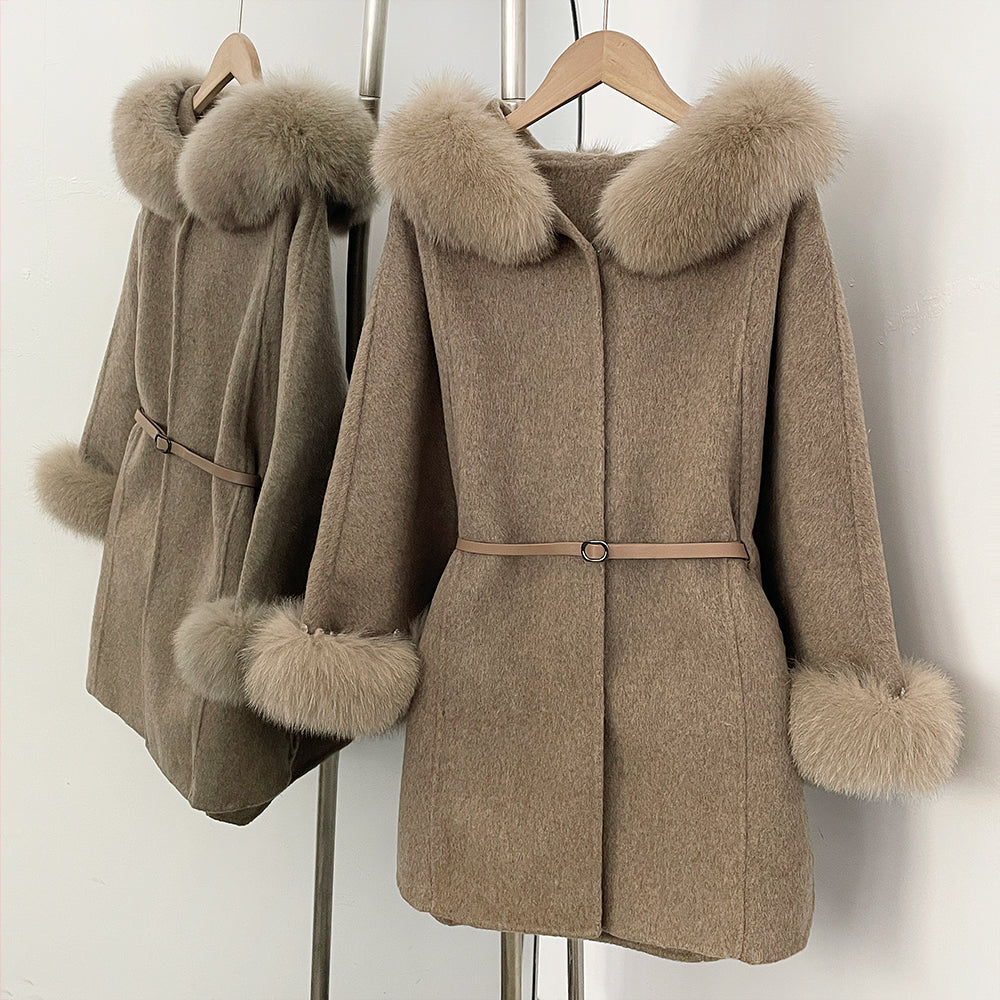 OFTBUY New Women's Wool Coat with Real Fox Fur Collar Cuffs Hooded Belted Waist Warm Winter Elegant Fashion Outerwear