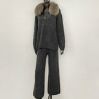 OFTBUY New Women's Knit Two Piece Set with Real Fox Fur Collar Loose Pants Warm Winter Elegant Casual Outfit Sweater Female