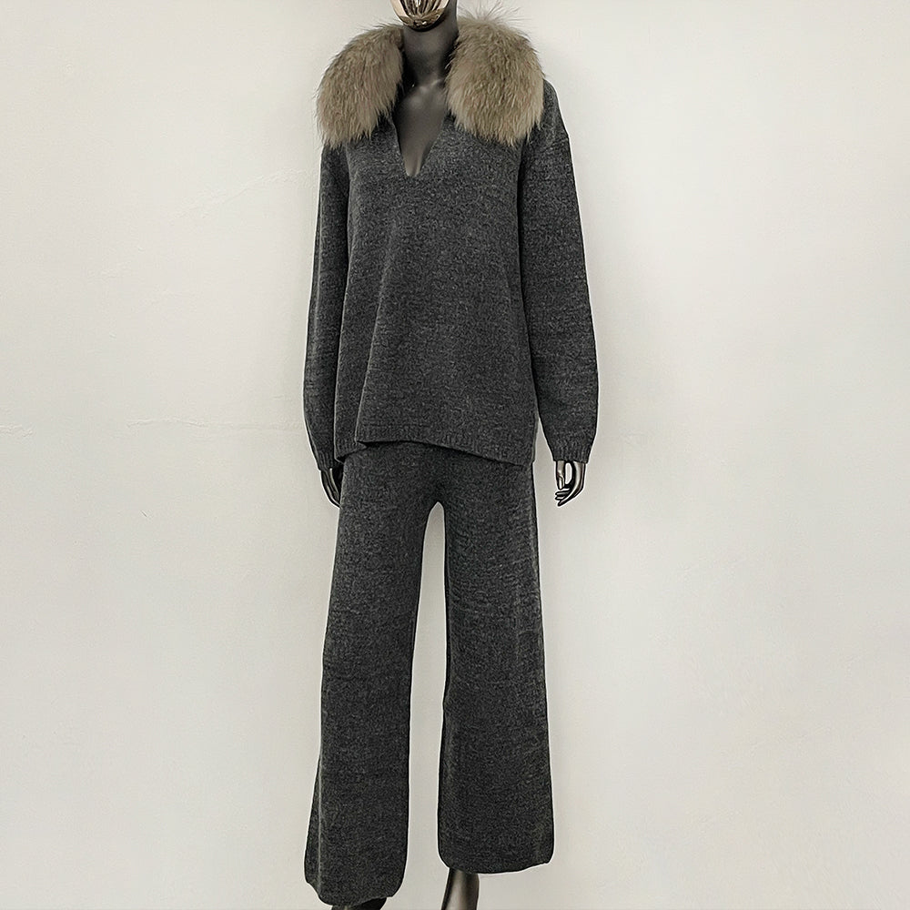OFTBUY New Women's Knit Two Piece Set with Real Fox Fur Collar Loose Pants Warm Winter Elegant Casual Outfit Sweater Female