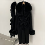 OFTBUY New Cardigan Autumn Winter Long Knit Clothing Women Loose Warm Belt Sweater Jacket with Real Fox Fur Collar and Cuffs