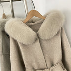 OFTBUY New Autumn Winter Top Clothes Female Hooded Natural Fur Collar 100% Wool Jacket Women Belt Real Fox Fur Woolen Coat