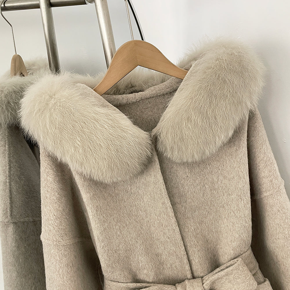 OFTBUY New Autumn Winter Top Clothes Female Hooded Natural Fur Collar 100% Wool Jacket Women Belt Real Fox Fur Woolen Coat