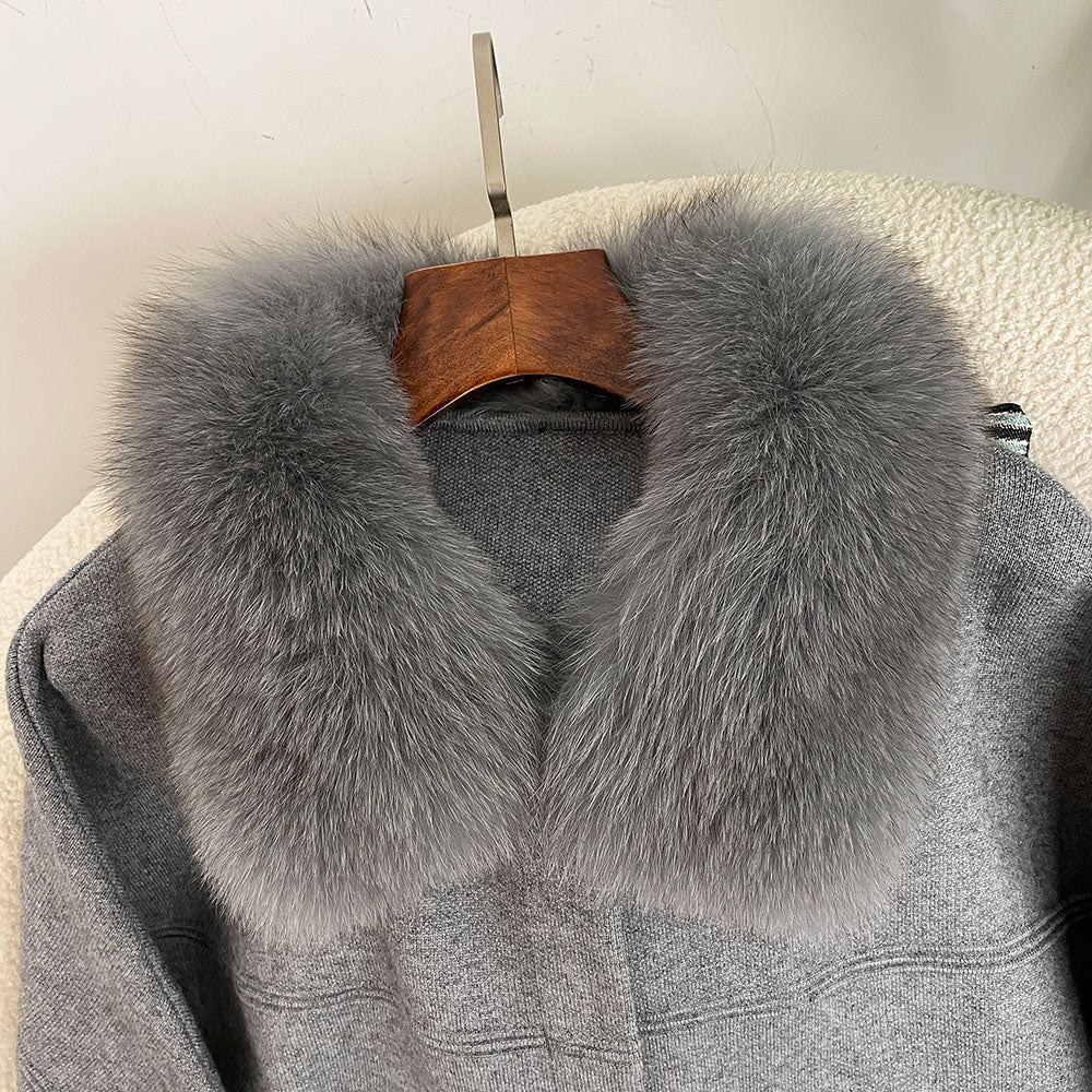 OFTBUY Autumn Winter Real Fox Raccoon Fur Collar Coat Knitted Sweater Women Short Sleeve Jacket Thick Warm Outerwear Streetwear