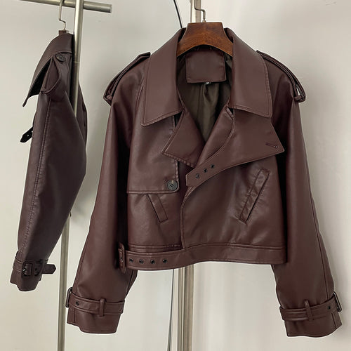 OFTBUY Fashion Outerwear Fake Leather Coat Female New Women's Cropped Faux Leather Jacket Lapel Collar Belted Loose Streetwear