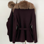OFTBUY New Autumn Winter Luxury Fashion Outerwear Lady Women's Knit Coat with Large Real Fox Fur Collar Belt Textured Knit Warm
