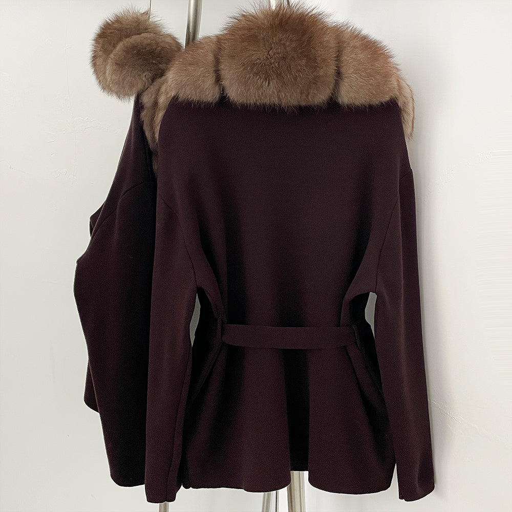 OFTBUY New Autumn Winter Luxury Fashion Outerwear Lady Women's Knit Coat with Large Real Fox Fur Collar Belt Textured Knit Warm
