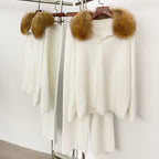 OFTBUY Knitted Pant Set Female Fashion Warm Real Fox Fur Sweater Lady New Autumn Winter Plus Size Woman Clothes Outfits Knitwear
