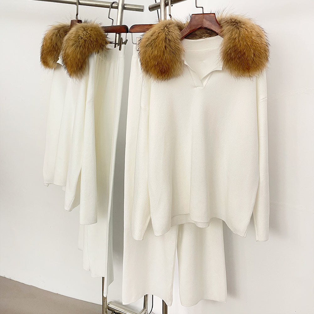 OFTBUY Knitted Pant Set Female Fashion Warm Real Fox Fur Sweater Lady New Autumn Winter Plus Size Woman Clothes Outfits Knitwear