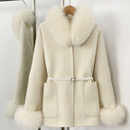OFTBUY New Autumn Winter Belt Woolen Clothes Women Real Fox Fur Cuffs and Collar 100% Wool Coat Female Natural Fur Pocket Jacket