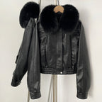 OFTBUY New Spring Autumn Short Top Clothes Women Fashion Pu Leather Jacket with Faux Fur Collar Biker Fake Leather Coat Female