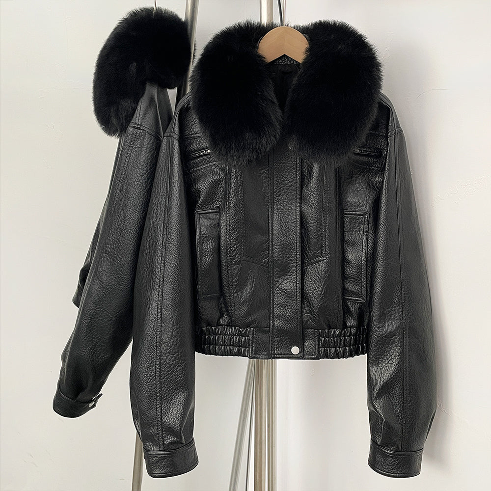 OFTBUY New Spring Autumn Short Top Clothes Women Fashion Pu Leather Jacket with Faux Fur Collar Biker Fake Leather Coat Female