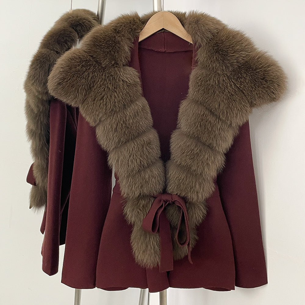OFTBUY New Women's Knit Cardigan with Oversized Real Fox Fur Collar Belt Luxury Warm Winter Outerwear Sweater Jacket Female