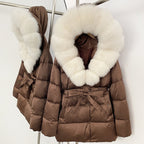 OFTBUY New Women's Duck Down Jacket with Large Real Fox Fur Hood Belted Waist Warm Winter Puffer Coat Lady Luxury Outerwear