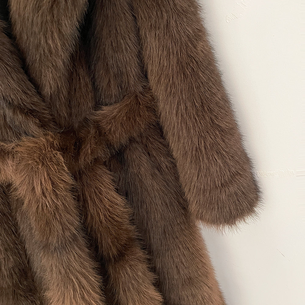 OFTBUY Luxury Long-Length Belted Faux Fur Coat - Premium Vegan Silver Fox Style Overcoat with Oversized Lapel