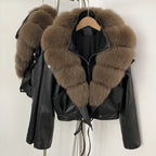 OFTBUY Women's Black Faux Leather Moto Jacket with Real Fox Fur Collar PU Leather Cropped Biker Coat Female New Winter Outerwear