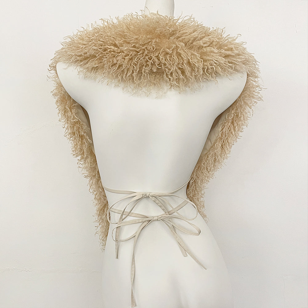 OFTBUY Women's Faux Mongolian Fur Vest Open Front Fluffy Faux Fur Waistcoat with Back Tie New Autumn Winter Outerwear Female