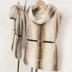OFTBUY Luxury Belted Faux Fur Vest - Elegant Funnel Neck Vegan Fur Gilet with Vertical Stripes