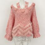 OFTBUY New Spring Autumn Flowers Butterflies Knitting Pullovers Clothes Women Halves Knitted Sweater Female Real Fox Fur Coat