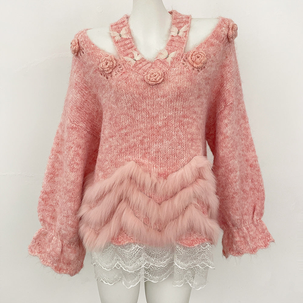 OFTBUY New Spring Autumn Flowers Butterflies Knitting Pullovers Clothes Women Halves Knitted Sweater Female Real Fox Fur Coat