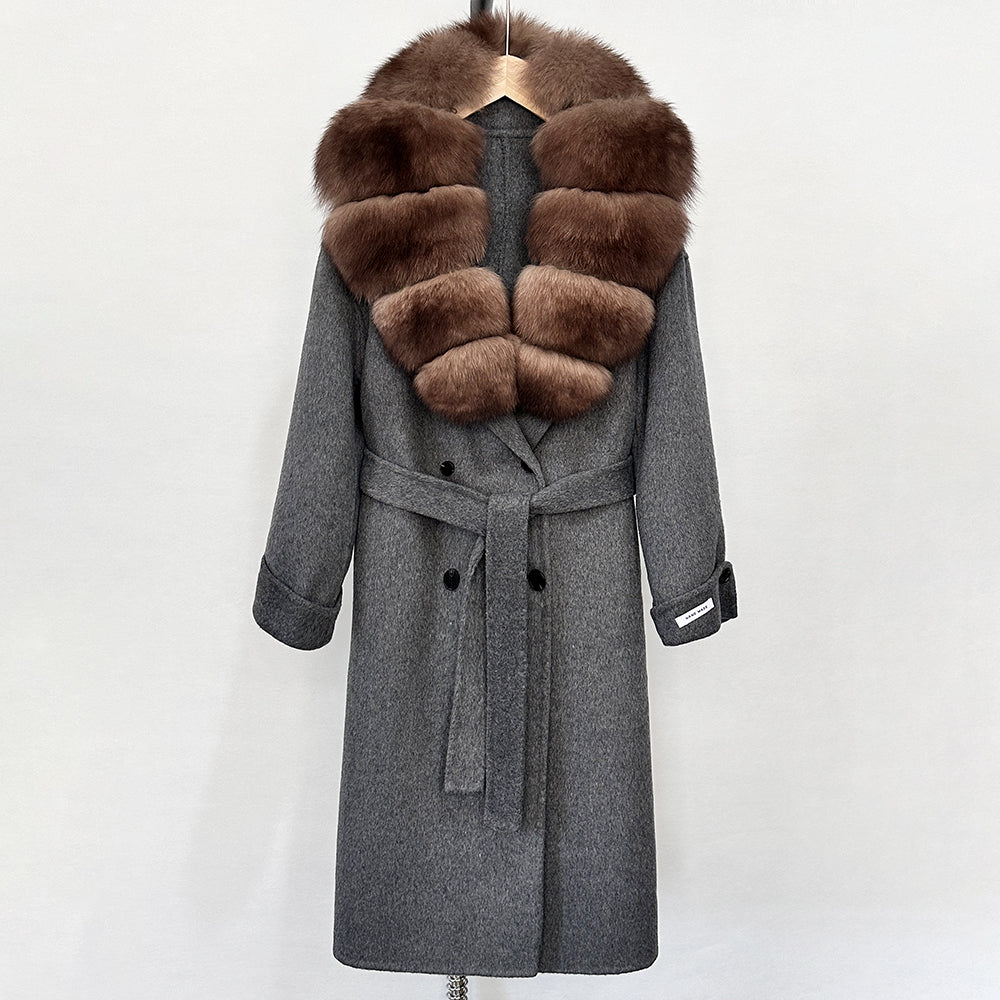 OFTBUY Winter Jacket Women Woolen Blends Coat Natural Real Fox Fur Collar Belt Loose Outerwear Casual Outerwear Streetwear