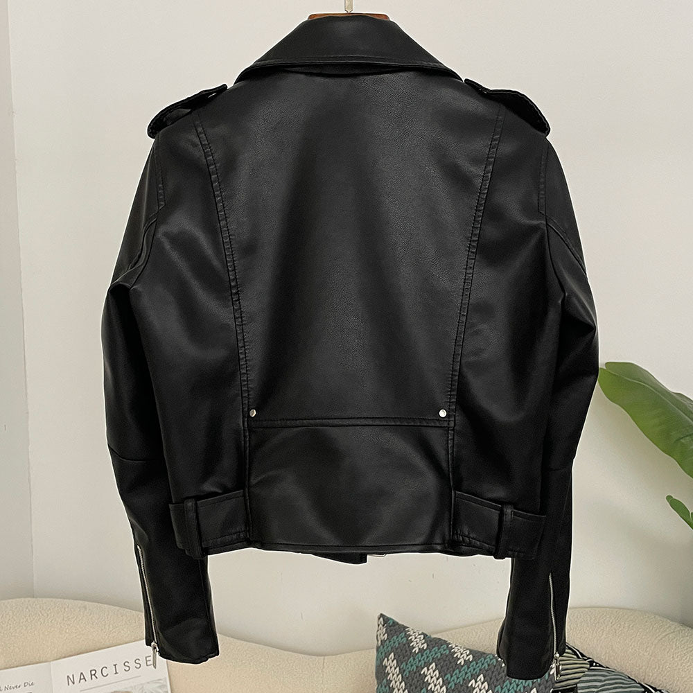 OFTBUY Women's Black Faux Leather Moto Biker Jacket Asymmetric Zip PU Coat with Belt New Autumn Winter Vintage Punk Outerwear