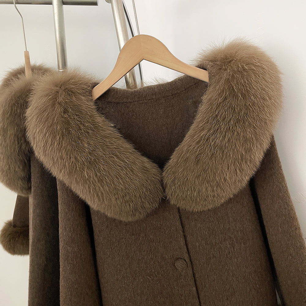 OFTBUY Pompoms Buttons Warm Winter Elegant Outerwear Female New Women's Double Face Wool Coat with Large Real Fox Fur Collar