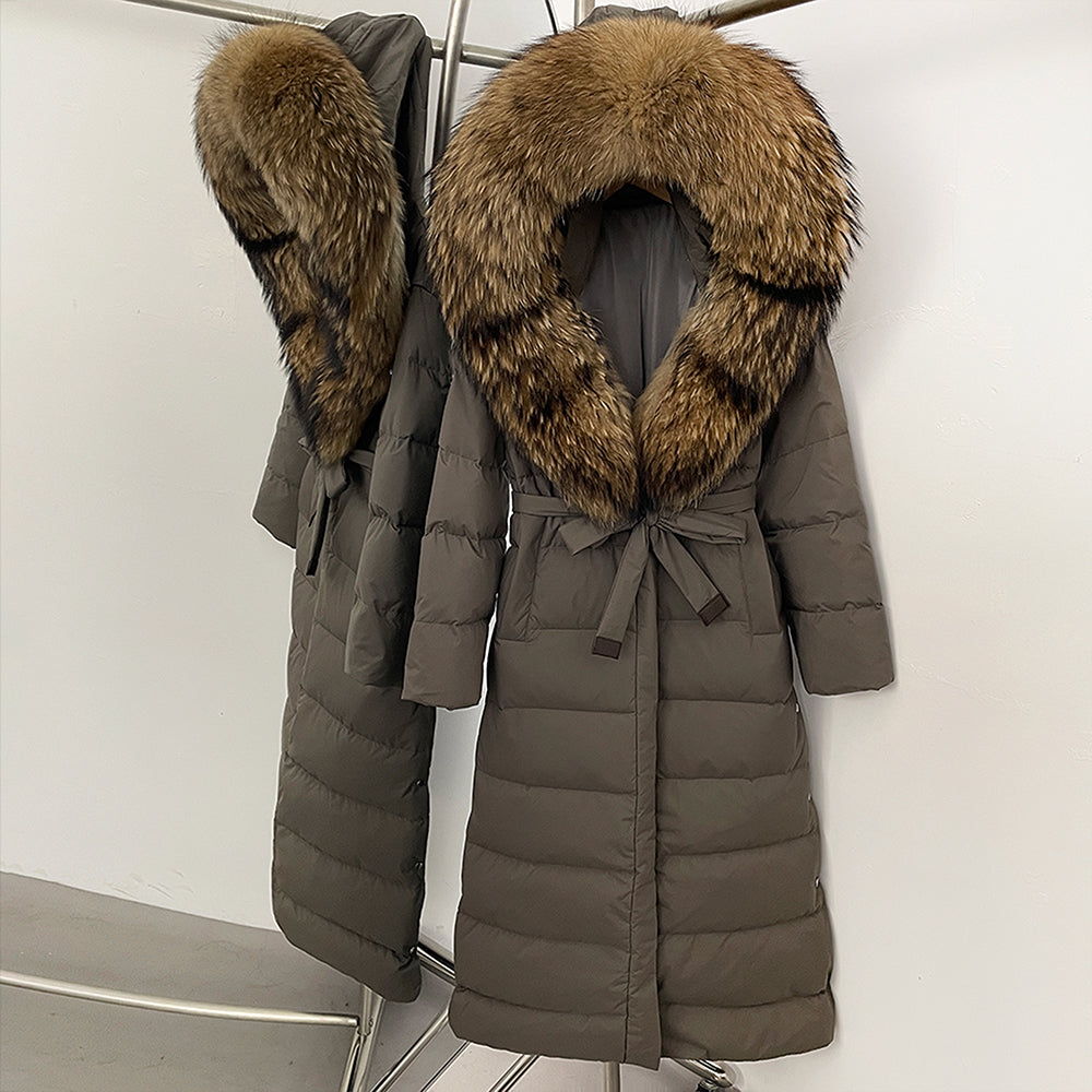 OFTBUY Hooded Winter White Duck Down Coat Large Real Fox Fur Collar X-Long Puffer Jacket Women Thick Female Parkas With Belt