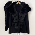 OFTBUY New Women's Knit Cardigan with Oversized Real Fox Fur Collar Belt Luxury Warm Winter Outerwear Sweater Jacket Female
