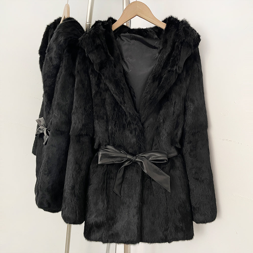OFTBUY Women's Luxury Black Real Rabbit Fur Hooded Coat with Belt New Warm Winter Fur Jacket Female Outerwear for Cold Weather