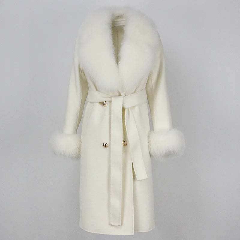 OFTBUY Winter Jacket Women Long Natural Wool Blends Cashmere Real Fur Coat Double Breasted Belt Warm Streetwear New Fashion