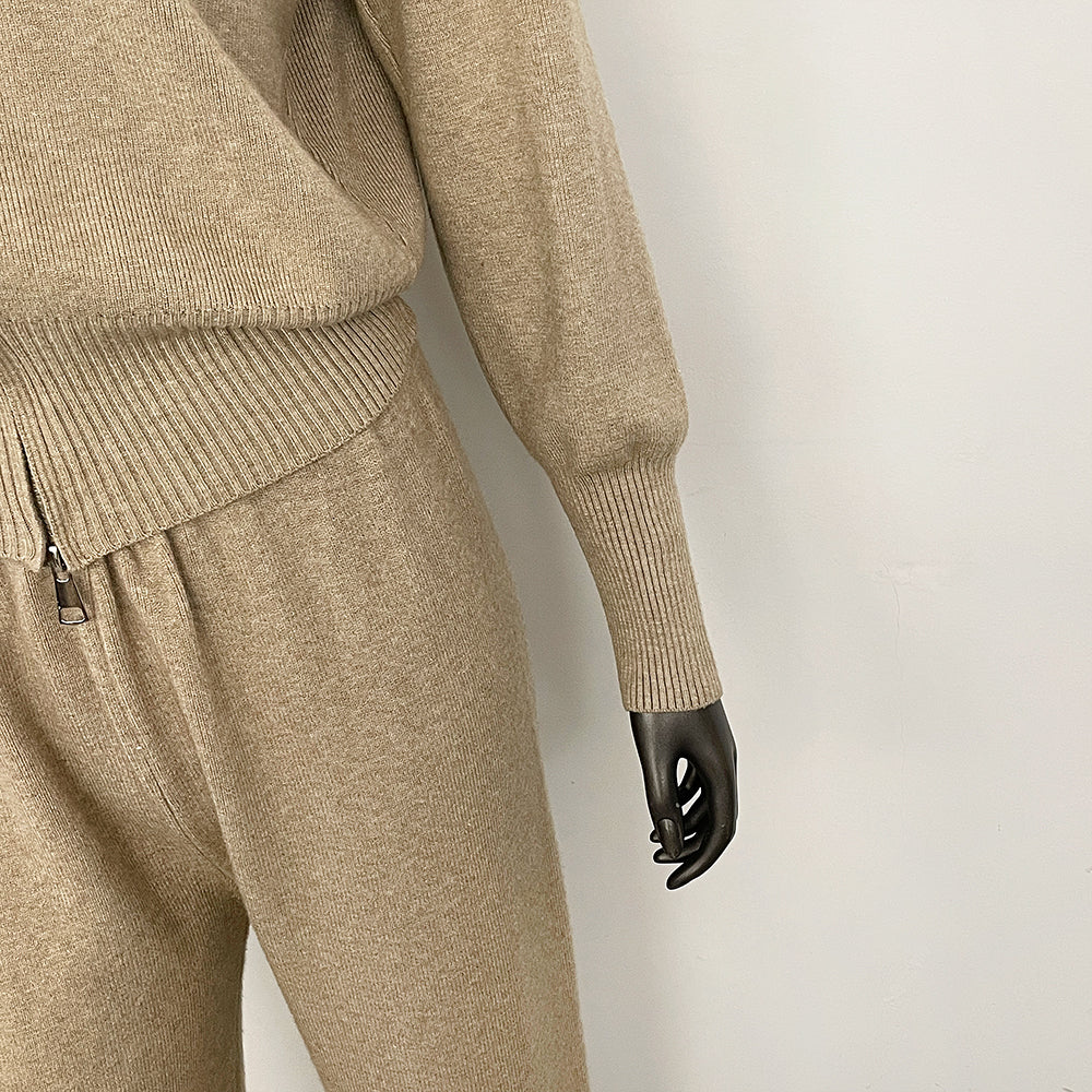 OFTBUY Winter New Women's Knitted Tracksuit Set with Fox Fur Collar Zipper Jacket Wide Leg Pants Luxury Casual Two-Piece Outfit