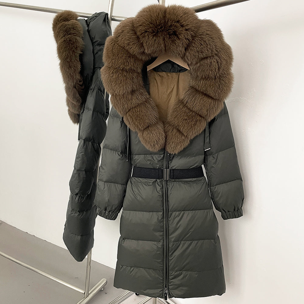 OFTBUY New Natural Thick Warm Duck Down Coat Female Long Winter Jacket Women Real Big Fox Fur Collar Belt Loose Puffer Parka
