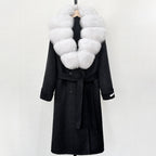 OFTBUY Winter Jacket Women Woolen Blends Coat Natural Real Fox Fur Collar Belt Loose Outerwear Casual Outerwear Streetwear