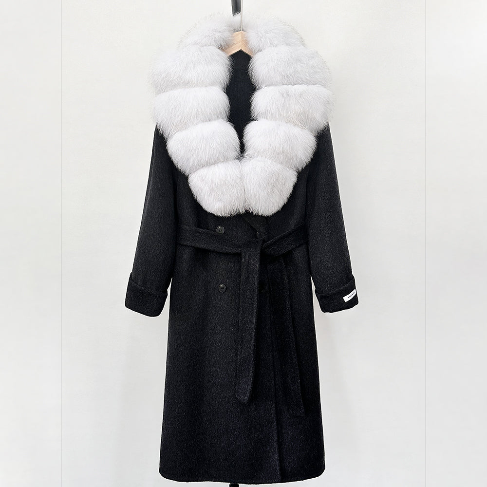 OFTBUY Winter Jacket Women Woolen Blends Coat Natural Real Fox Fur Collar Belt Loose Outerwear Casual Outerwear Streetwear