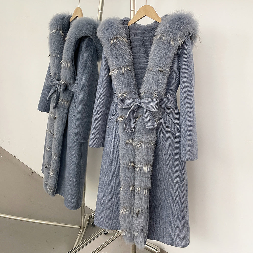 OFTBUY 100% Wool Coat with Real Fox Fur Trim & Rabbit Fur Lining