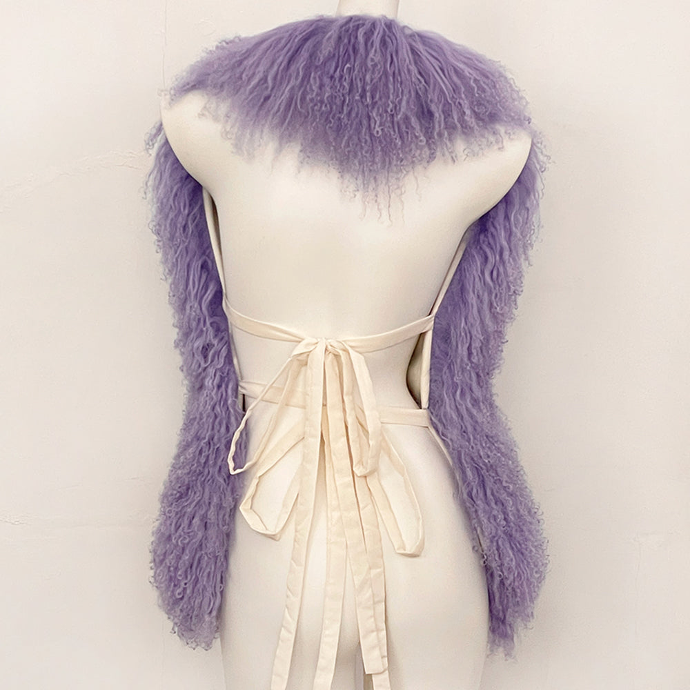 OFTBUY Solid Deep V-Neck Backless Bandage Sleeveless Jackets Fluffy Luxury Real Mongolian Fur Halter Vests Women Outerwear Coat