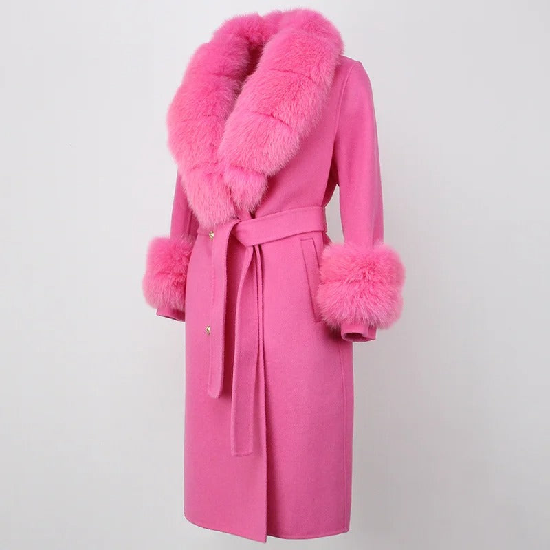 OFTBUY Winter Jacket Women Long Natural Wool Blends Cashmere Real Fur Coat Double Breasted Belt Warm Streetwear New Fashion